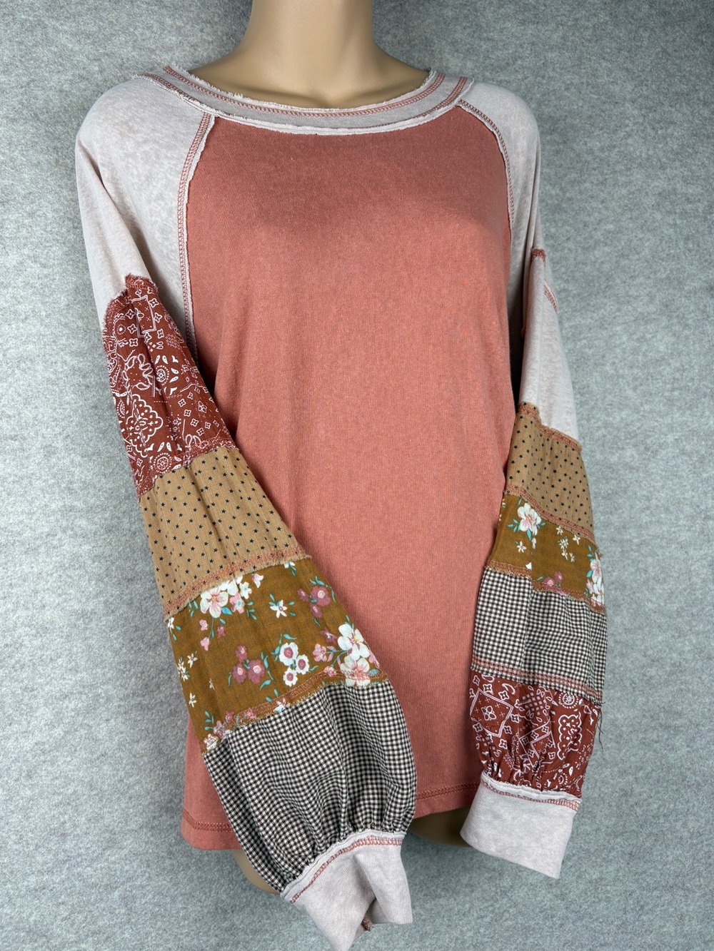 Easel Boho Mixed Media Patchwork Balloon Sleeve Top Terracotta Pink Medium